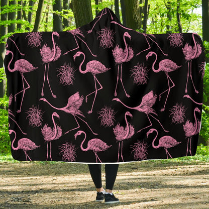 Flamingo Pink Print Pattern Hooded Blanket-JTAMIGO.COM