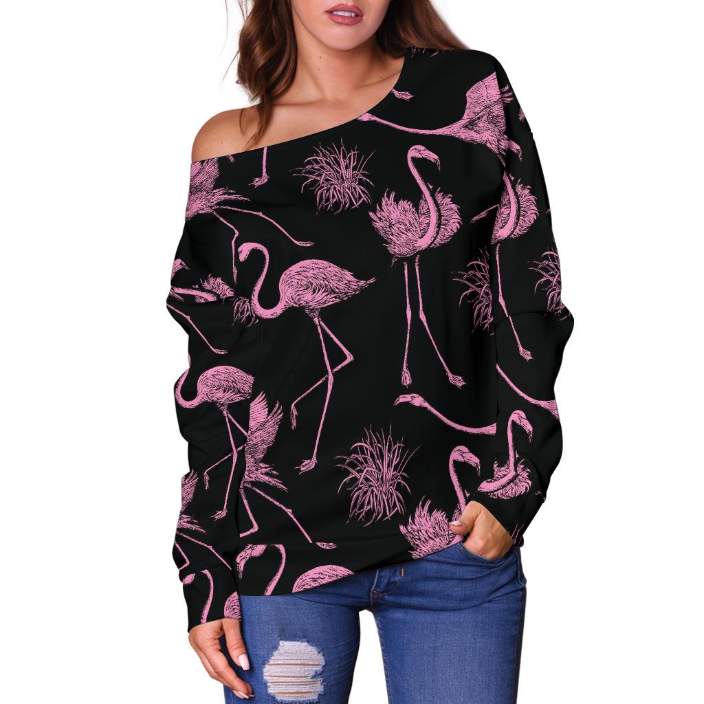 Flamingo Pink Print Pattern Off Shoulder Sweatshirt