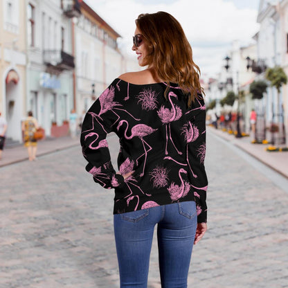 Flamingo Pink Print Pattern Off Shoulder Sweatshirt