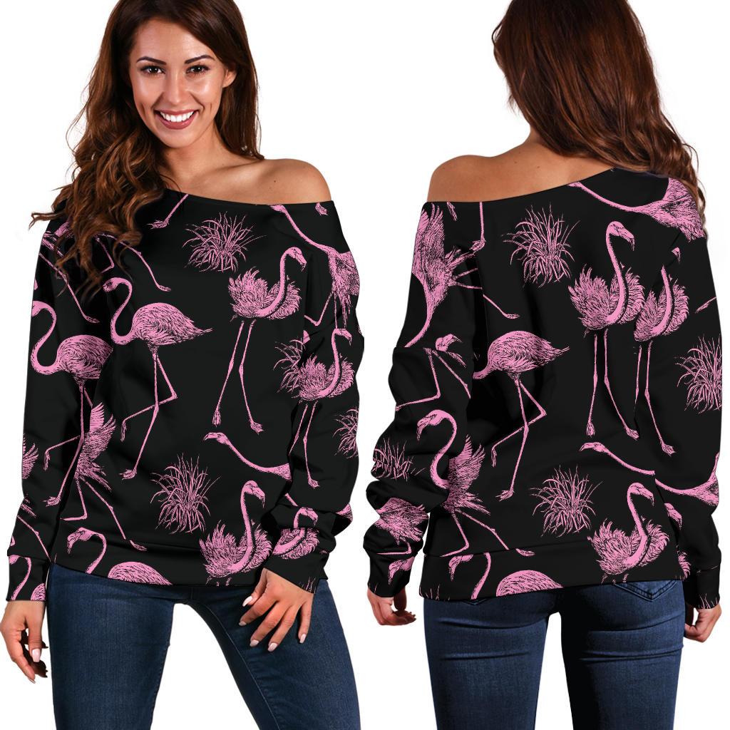 Flamingo Pink Print Pattern Off Shoulder Sweatshirt
