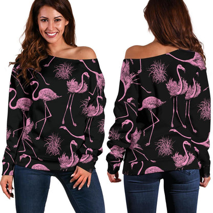 Flamingo Pink Print Pattern Off Shoulder Sweatshirt