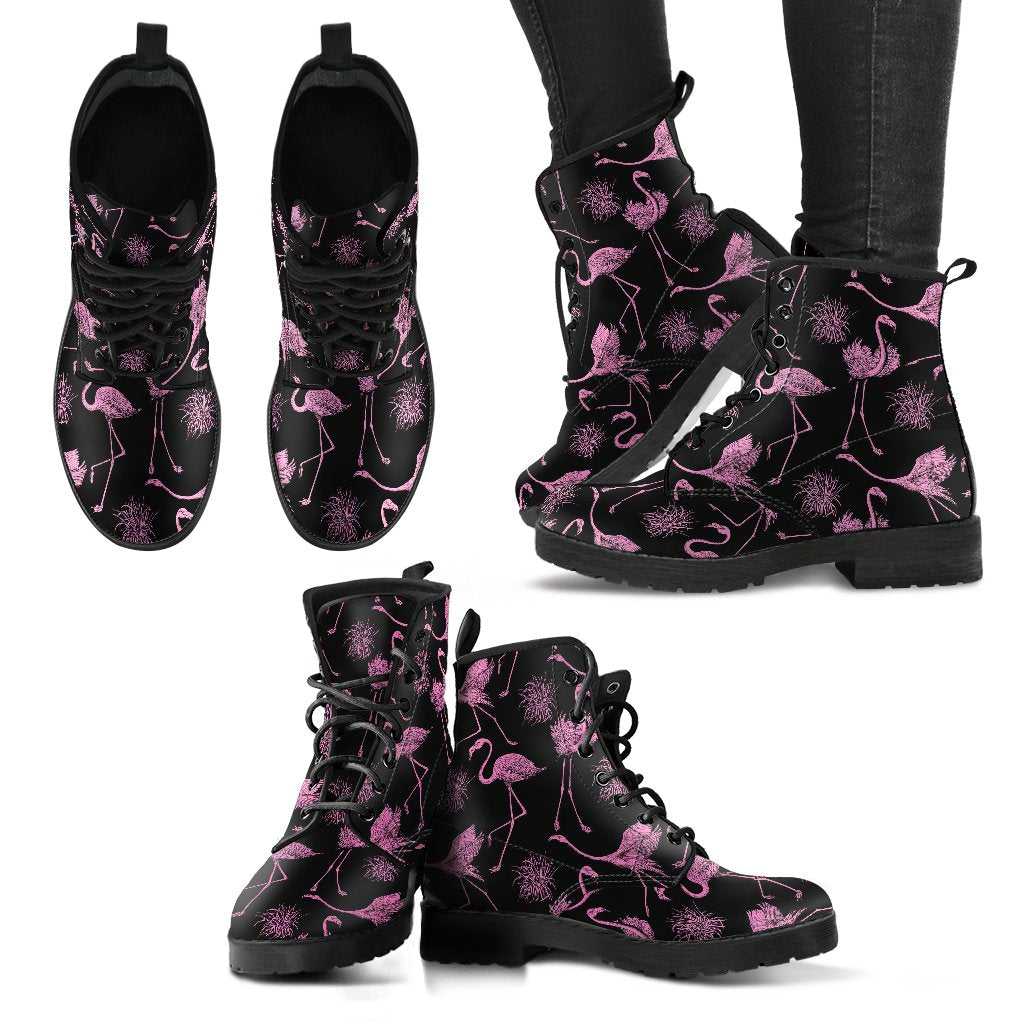 Flamingo Pink Print Pattern Women Leather Boots-JTAMIGO.COM