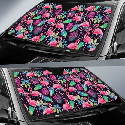 Flamingo Tropical Leaves Neon Print Car Sun Shade For Windshield