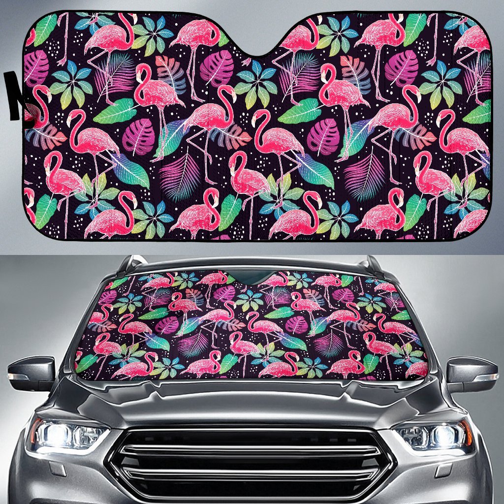 Flamingo Tropical Leaves Neon Print Car Sun Shade For Windshield