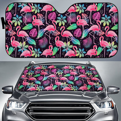 Flamingo Tropical Leaves Neon Print Car Sun Shade For Windshield