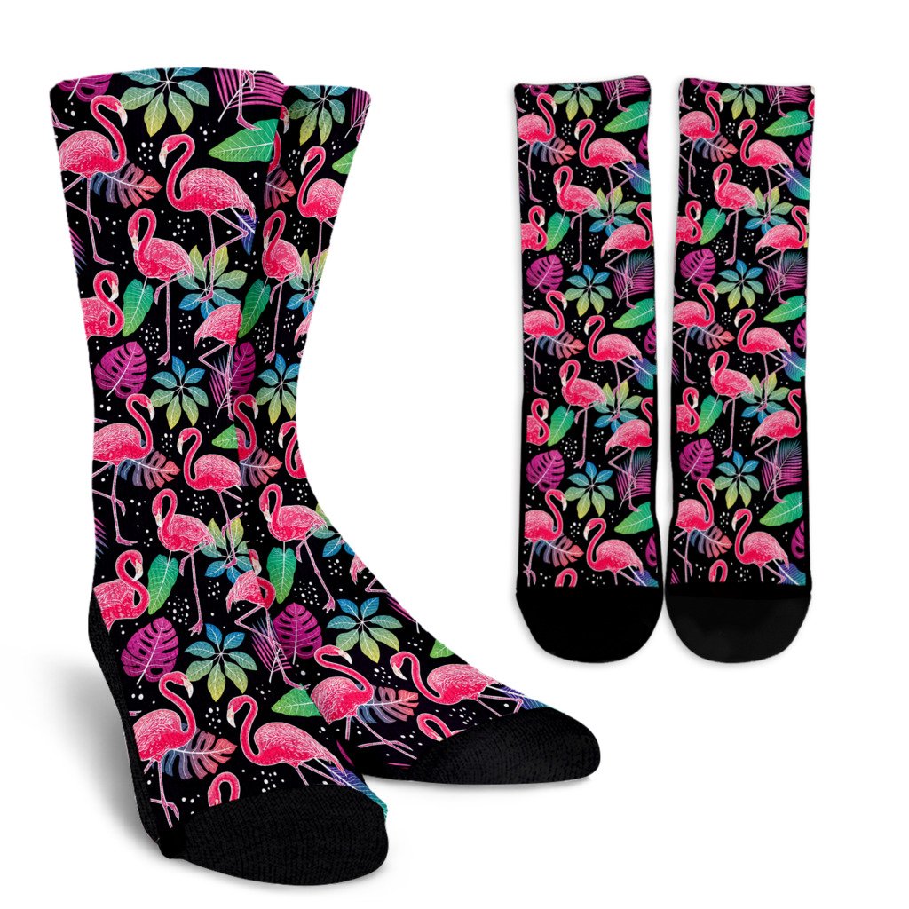 Flamingo Tropical leaves Neon Print Crew Socks