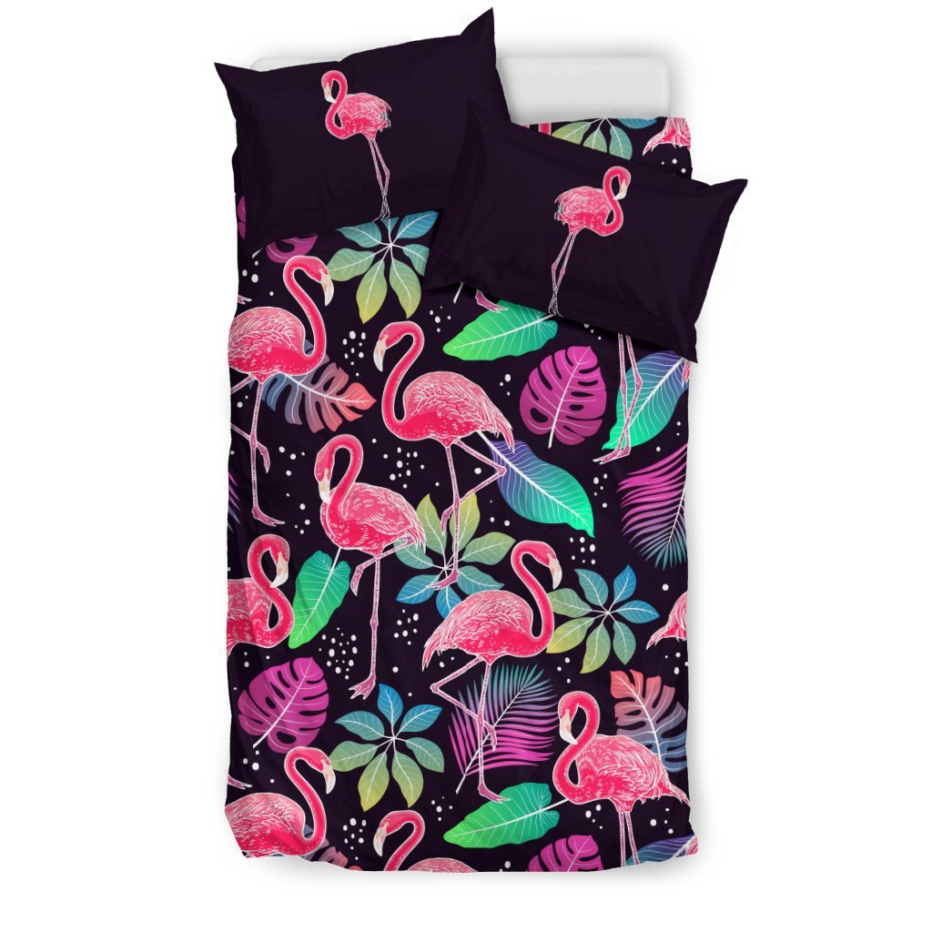 Flamingo Tropical Leaves Neon Print Duvet Cover Bedding Set