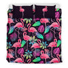 Flamingo Tropical Leaves Neon Print Duvet Cover Bedding Set