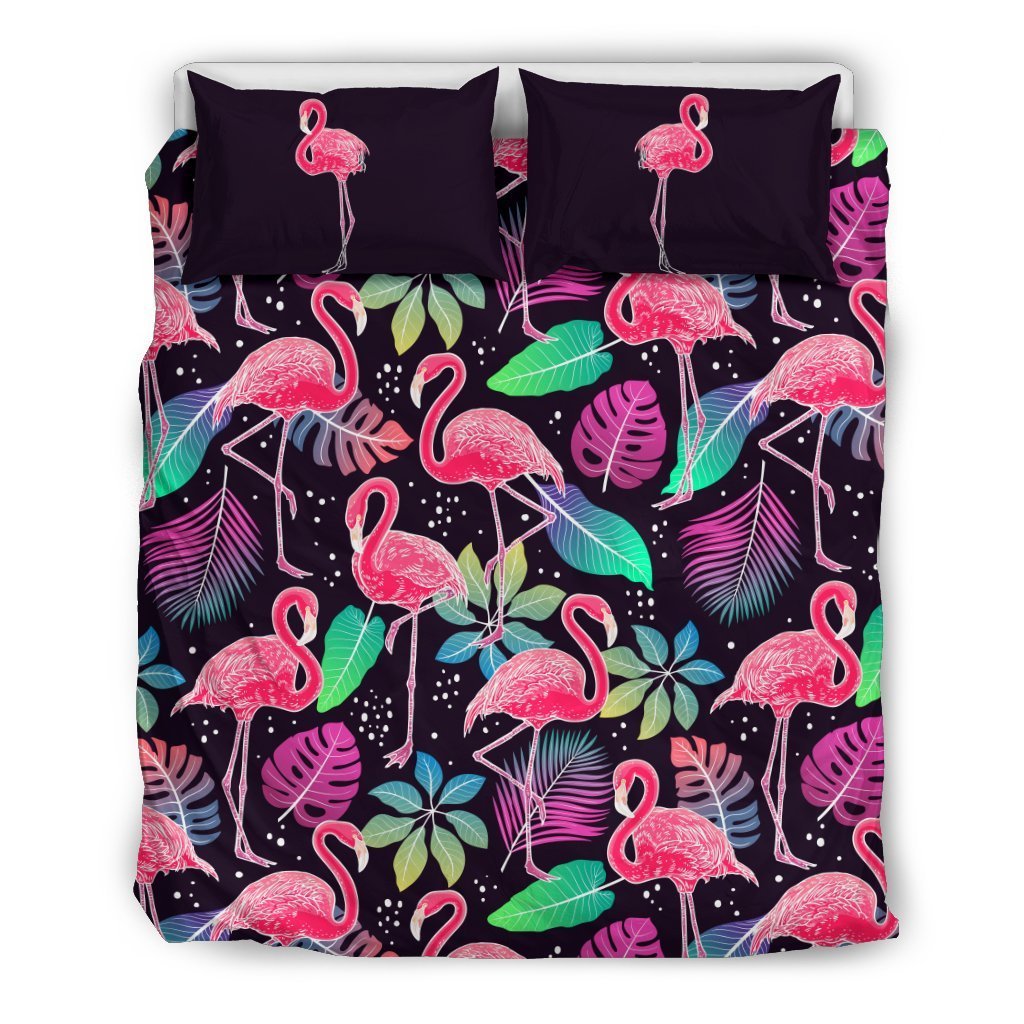 Flamingo Tropical Leaves Neon Print Duvet Cover Bedding Set