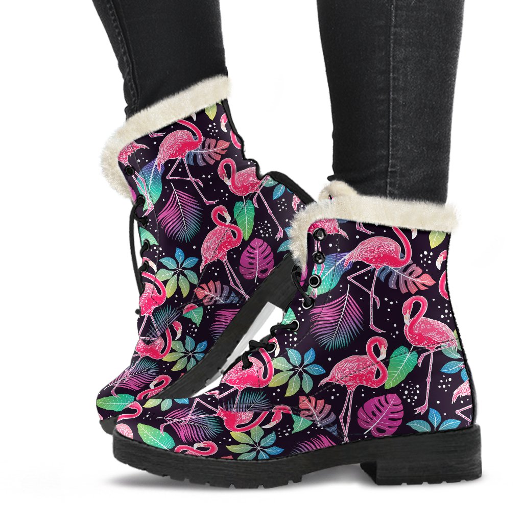 Flamingo Tropical leaves Neon Print Faux Fur Leather Boots-JTAMIGO.COM