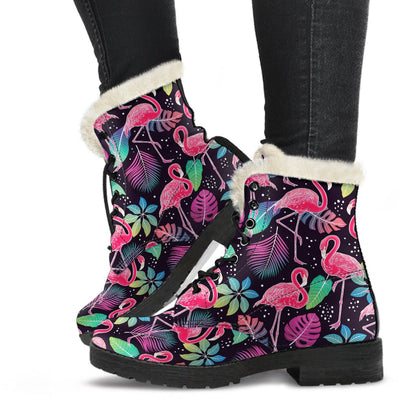 Flamingo Tropical leaves Neon Print Faux Fur Leather Boots-JTAMIGO.COM