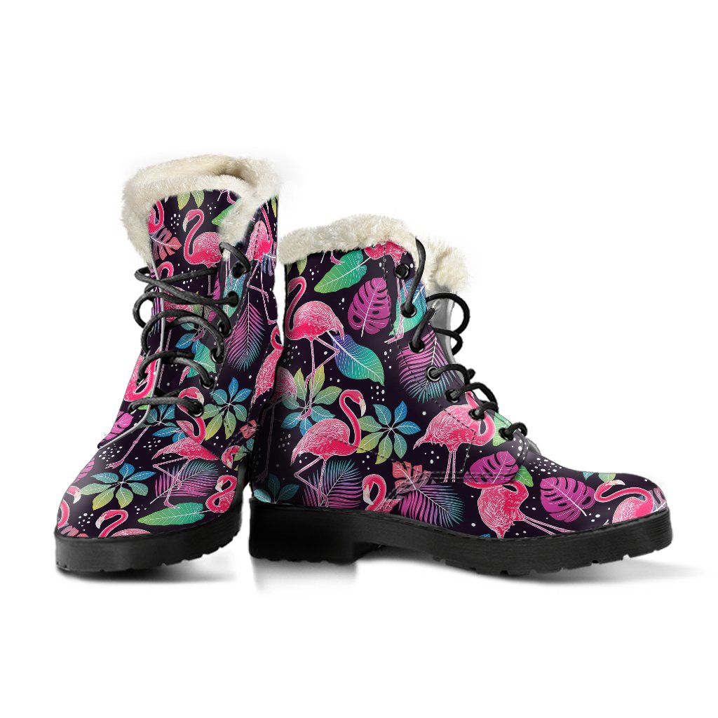 Flamingo Tropical leaves Neon Print Faux Fur Leather Boots-JTAMIGO.COM