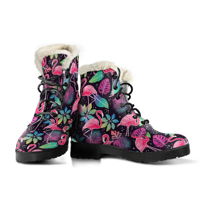 Flamingo Tropical leaves Neon Print Faux Fur Leather Boots-JTAMIGO.COM