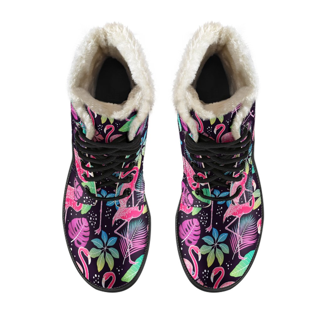 Flamingo Tropical leaves Neon Print Faux Fur Leather Boots-JTAMIGO.COM