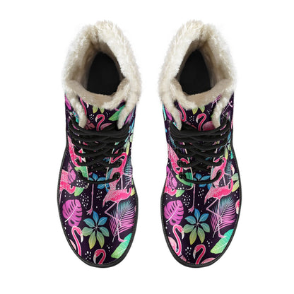 Flamingo Tropical leaves Neon Print Faux Fur Leather Boots-JTAMIGO.COM