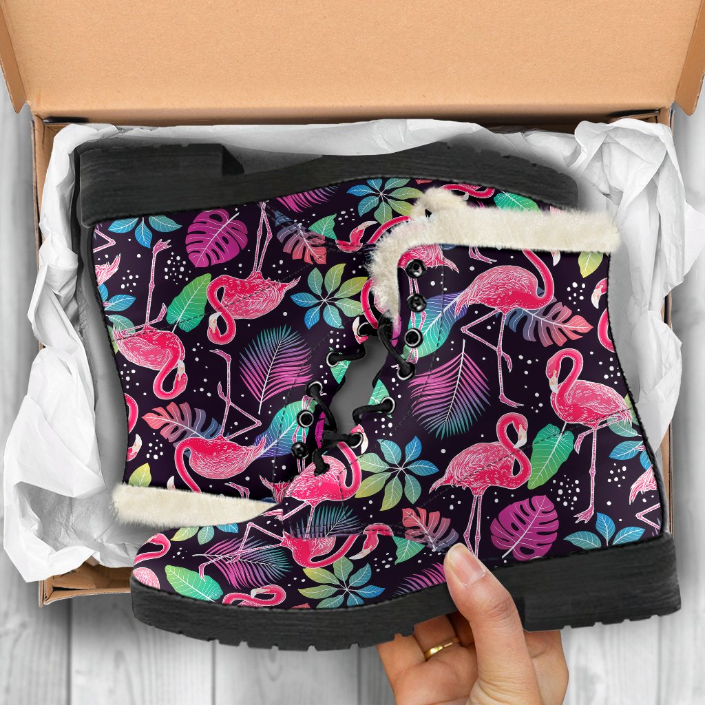 Flamingo Tropical leaves Neon Print Faux Fur Leather Boots-JTAMIGO.COM