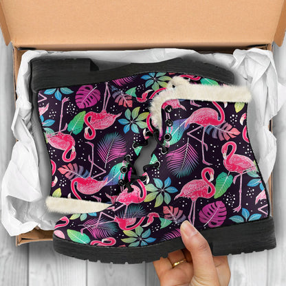 Flamingo Tropical leaves Neon Print Faux Fur Leather Boots-JTAMIGO.COM