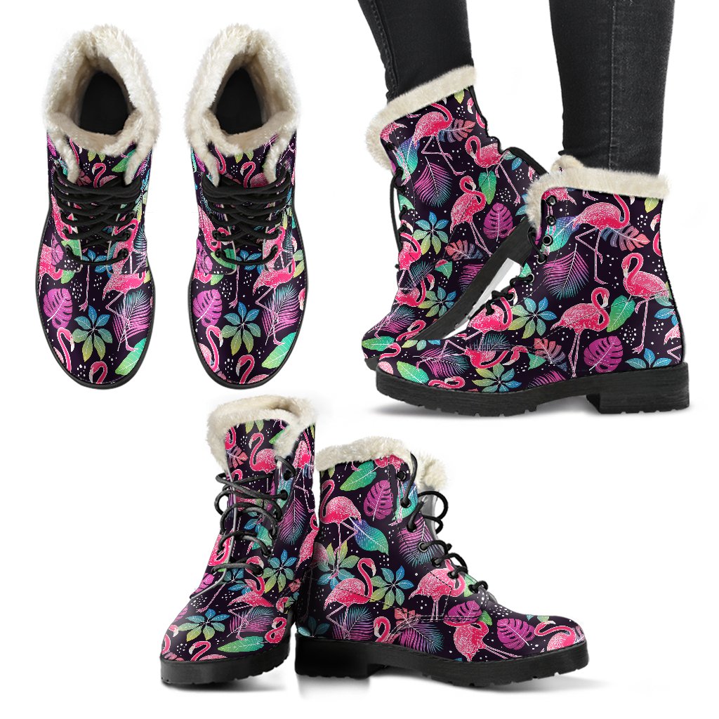 Flamingo Tropical leaves Neon Print Faux Fur Leather Boots-JTAMIGO.COM
