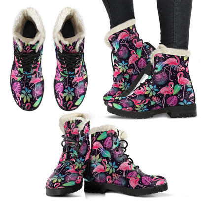 Flamingo Tropical leaves Neon Print Faux Fur Leather Boots-JTAMIGO.COM