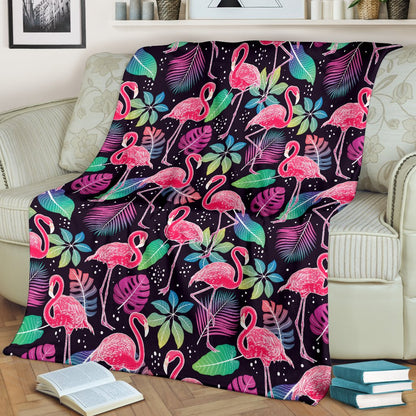Flamingo Tropical leaves Neon Print Fleece Blanket