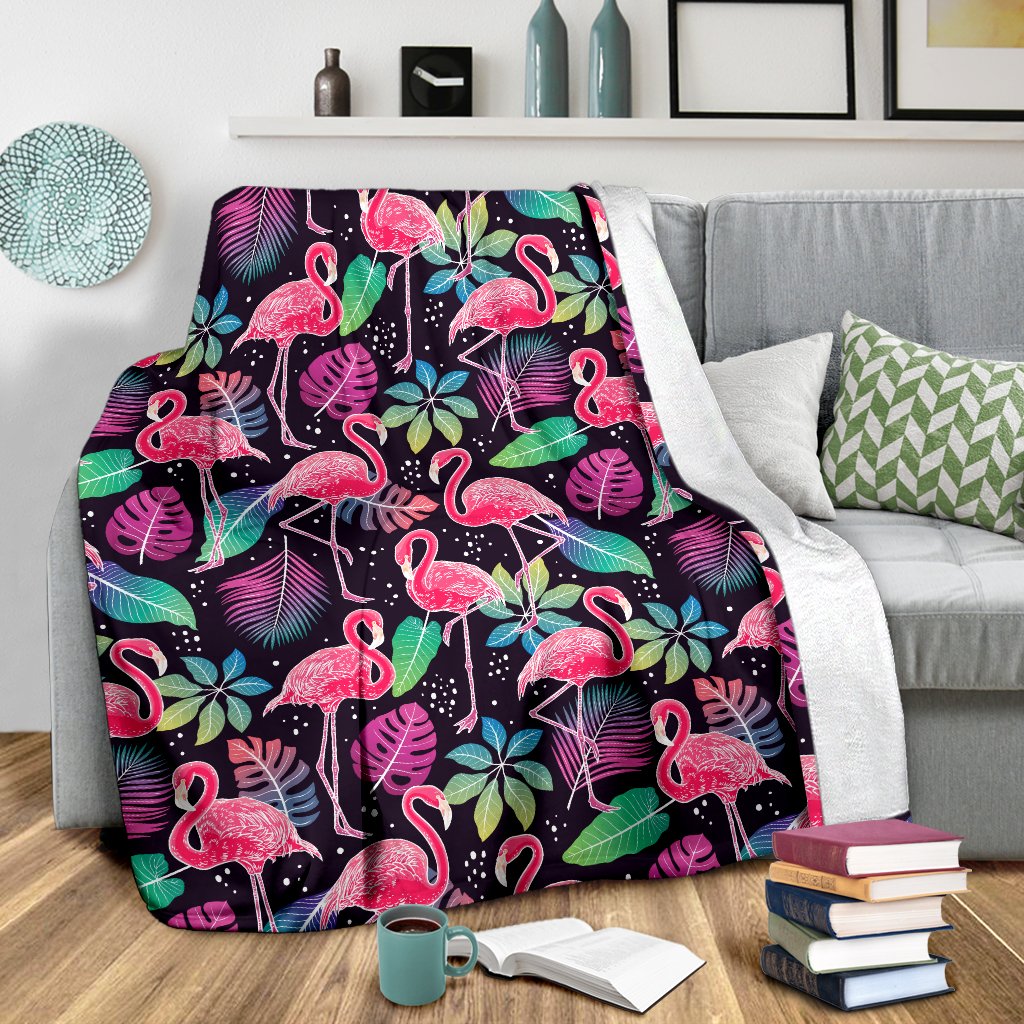 Flamingo Tropical leaves Neon Print Fleece Blanket