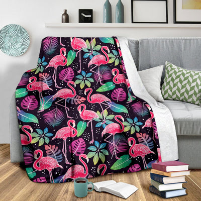 Flamingo Tropical leaves Neon Print Fleece Blanket