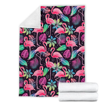 Flamingo Tropical leaves Neon Print Fleece Blanket