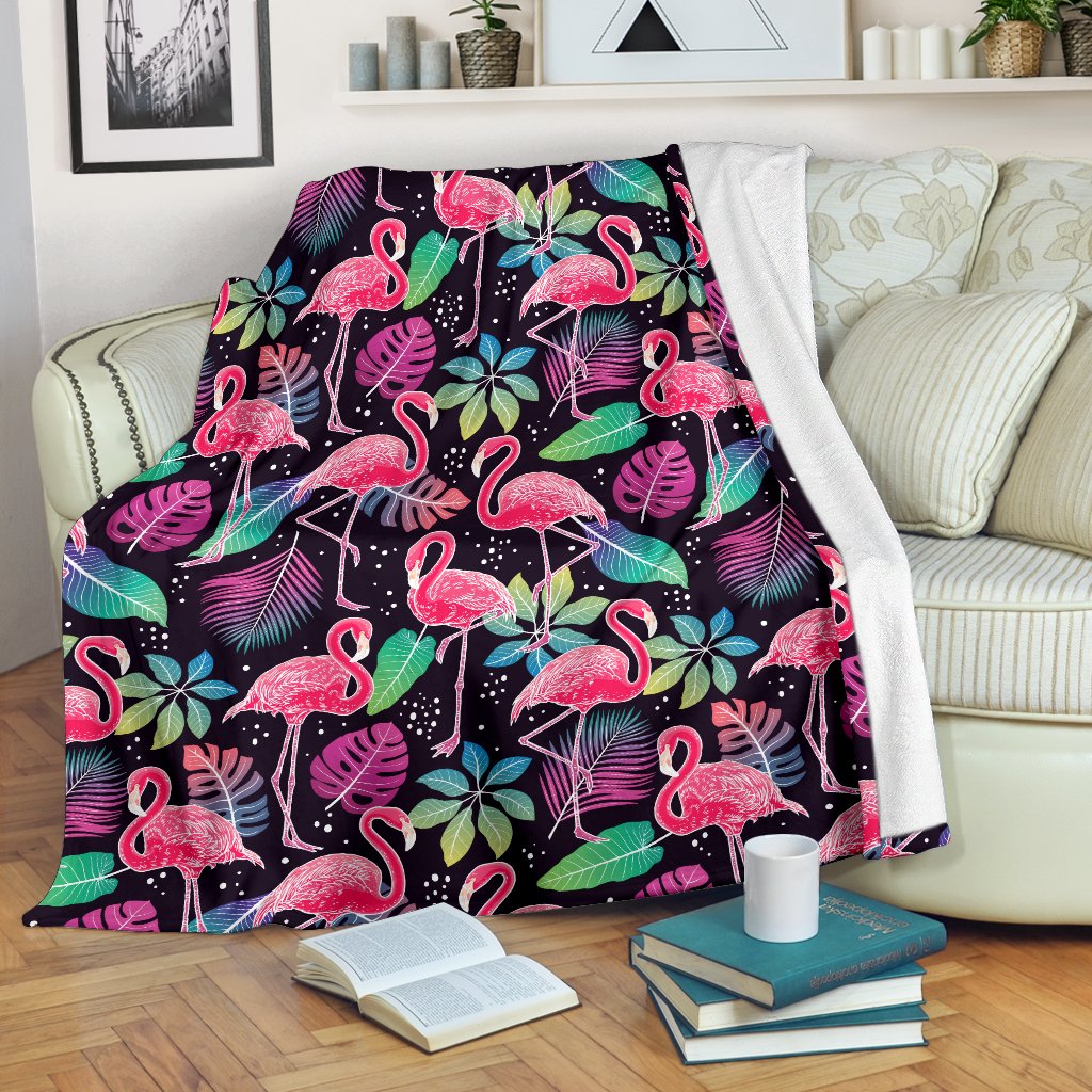 Flamingo Tropical leaves Neon Print Fleece Blanket