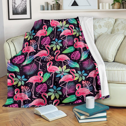 Flamingo Tropical leaves Neon Print Fleece Blanket