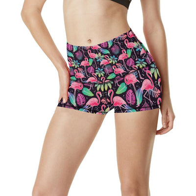 Flamingo Tropical leaves Neon Print High Waisted Spandex Shorts-JTAMIGO.COM