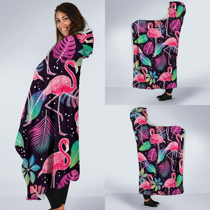 Flamingo Tropical leaves Neon Print Hooded Blanket-JTAMIGO.COM