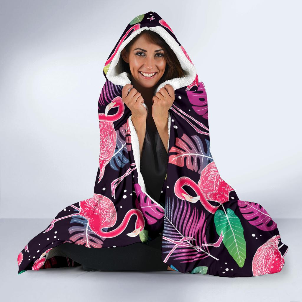 Flamingo Tropical leaves Neon Print Hooded Blanket-JTAMIGO.COM
