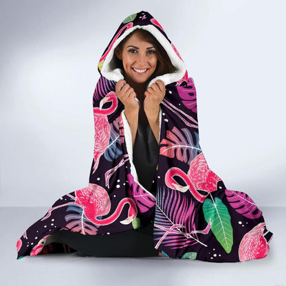 Flamingo Tropical leaves Neon Print Hooded Blanket-JTAMIGO.COM