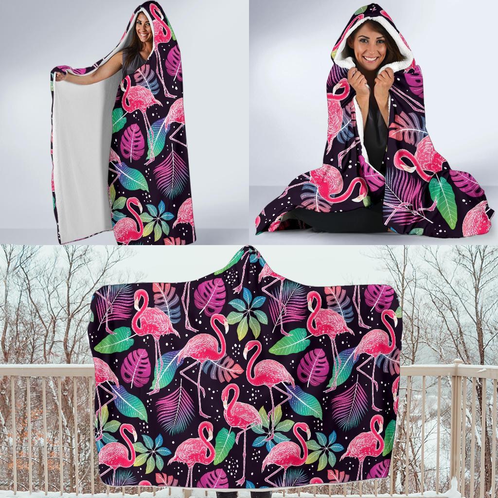 Flamingo Tropical leaves Neon Print Hooded Blanket-JTAMIGO.COM