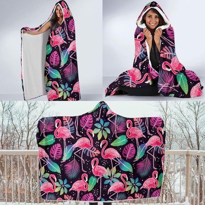 Flamingo Tropical leaves Neon Print Hooded Blanket-JTAMIGO.COM