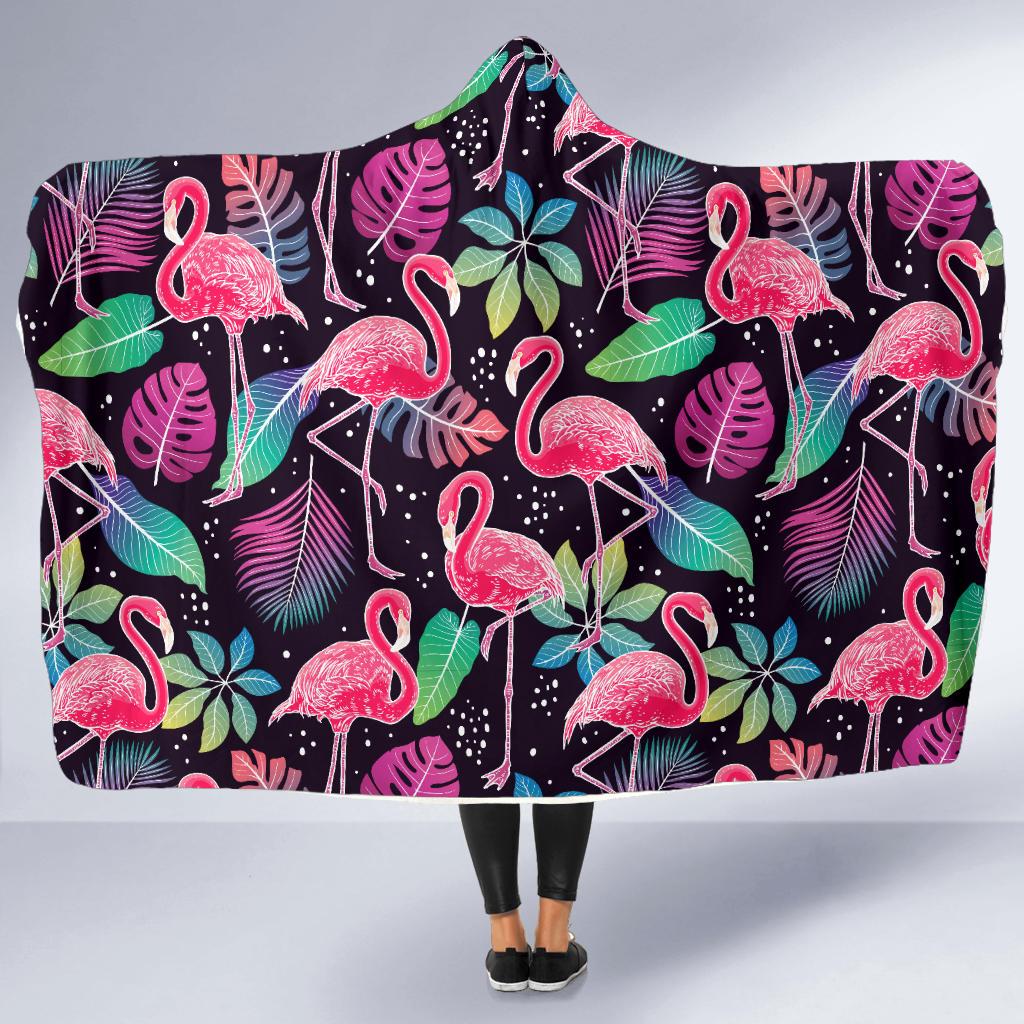 Flamingo Tropical leaves Neon Print Hooded Blanket-JTAMIGO.COM