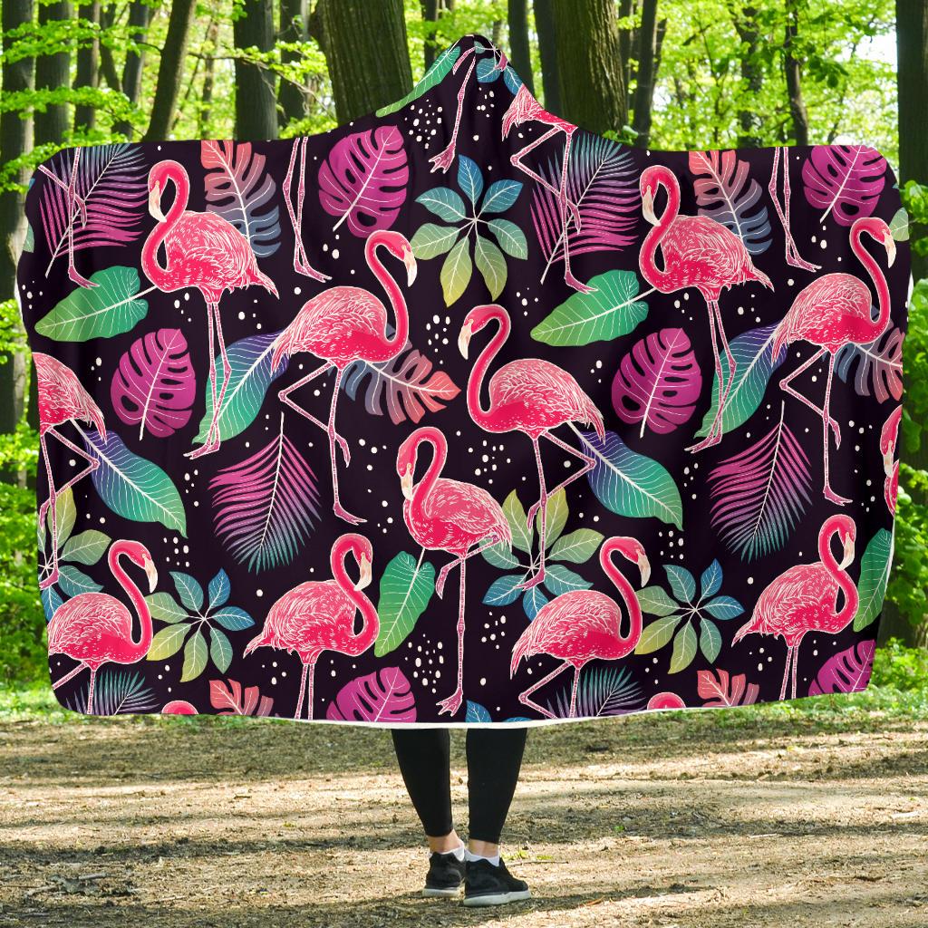 Flamingo Tropical leaves Neon Print Hooded Blanket-JTAMIGO.COM