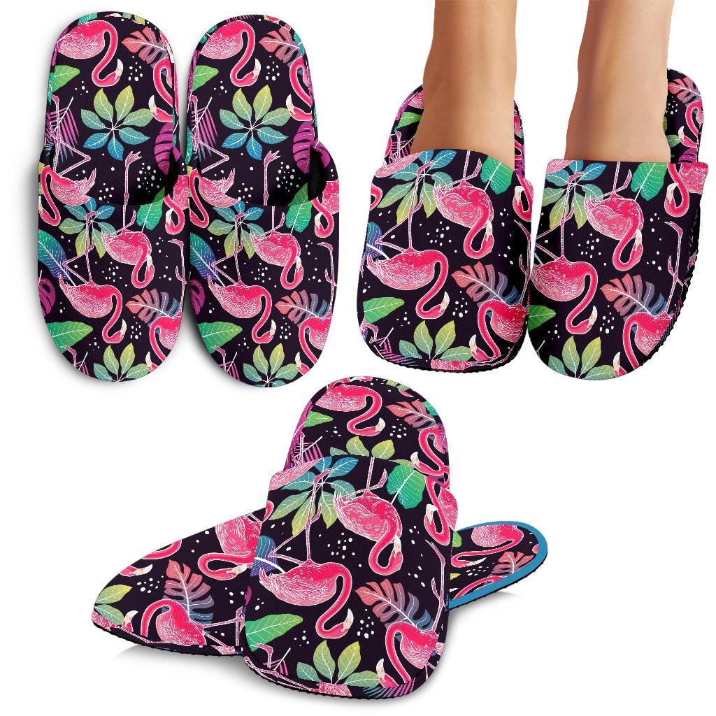 Flamingo Tropical leaves Neon Print House Slippers