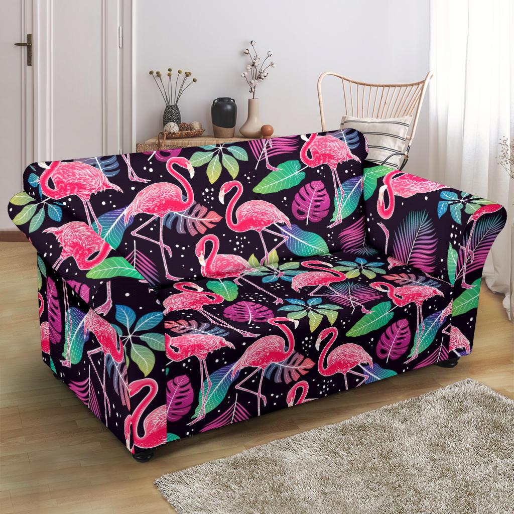 Flamingo Tropical leaves Neon Print Loveseat Slipcover-JTAMIGO.COM