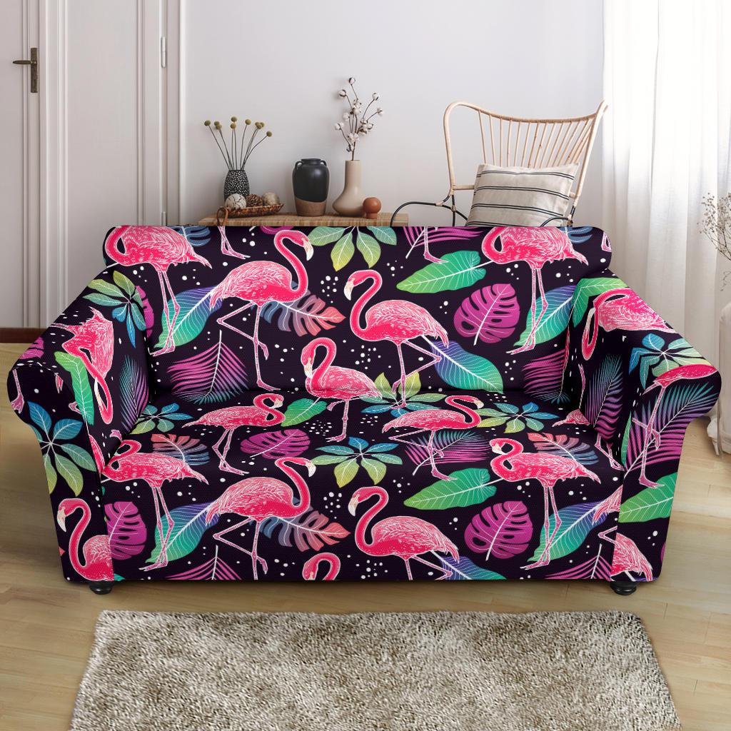 Flamingo Tropical leaves Neon Print Loveseat Slipcover-JTAMIGO.COM