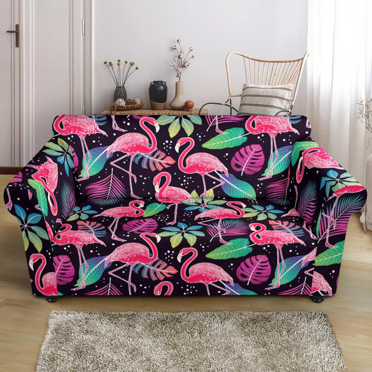 Flamingo Tropical leaves Neon Print Loveseat Slipcover-JTAMIGO.COM