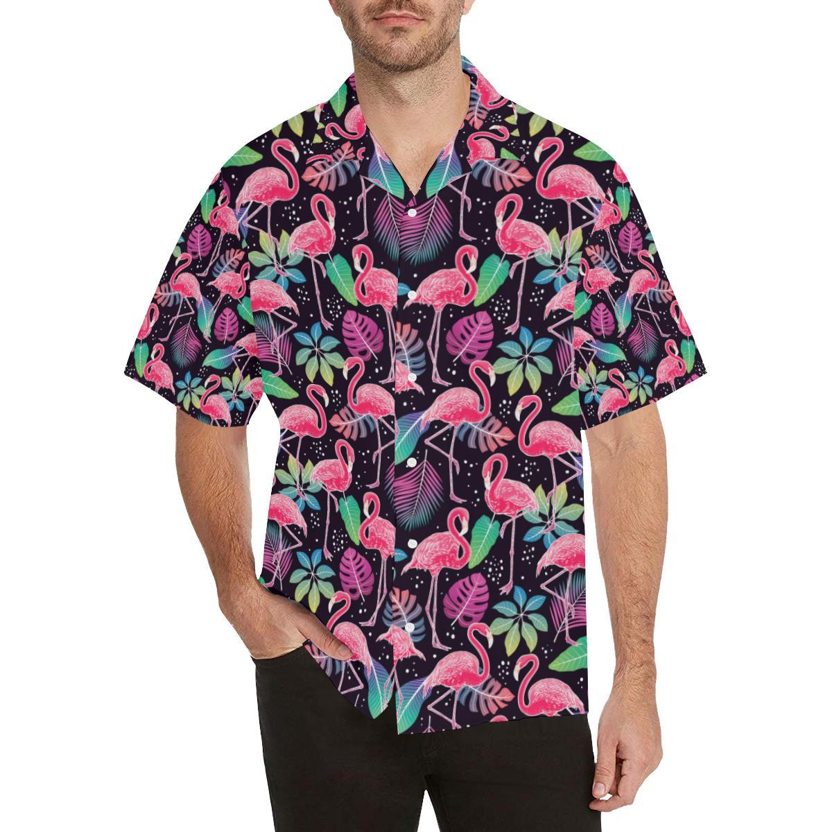 Flamingo Tropical leaves Neon Print Men Aloha Hawaiian Shirt