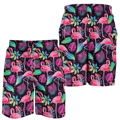 Flamingo Tropical leaves Neon Print Mens Shorts-JTAMIGO.COM