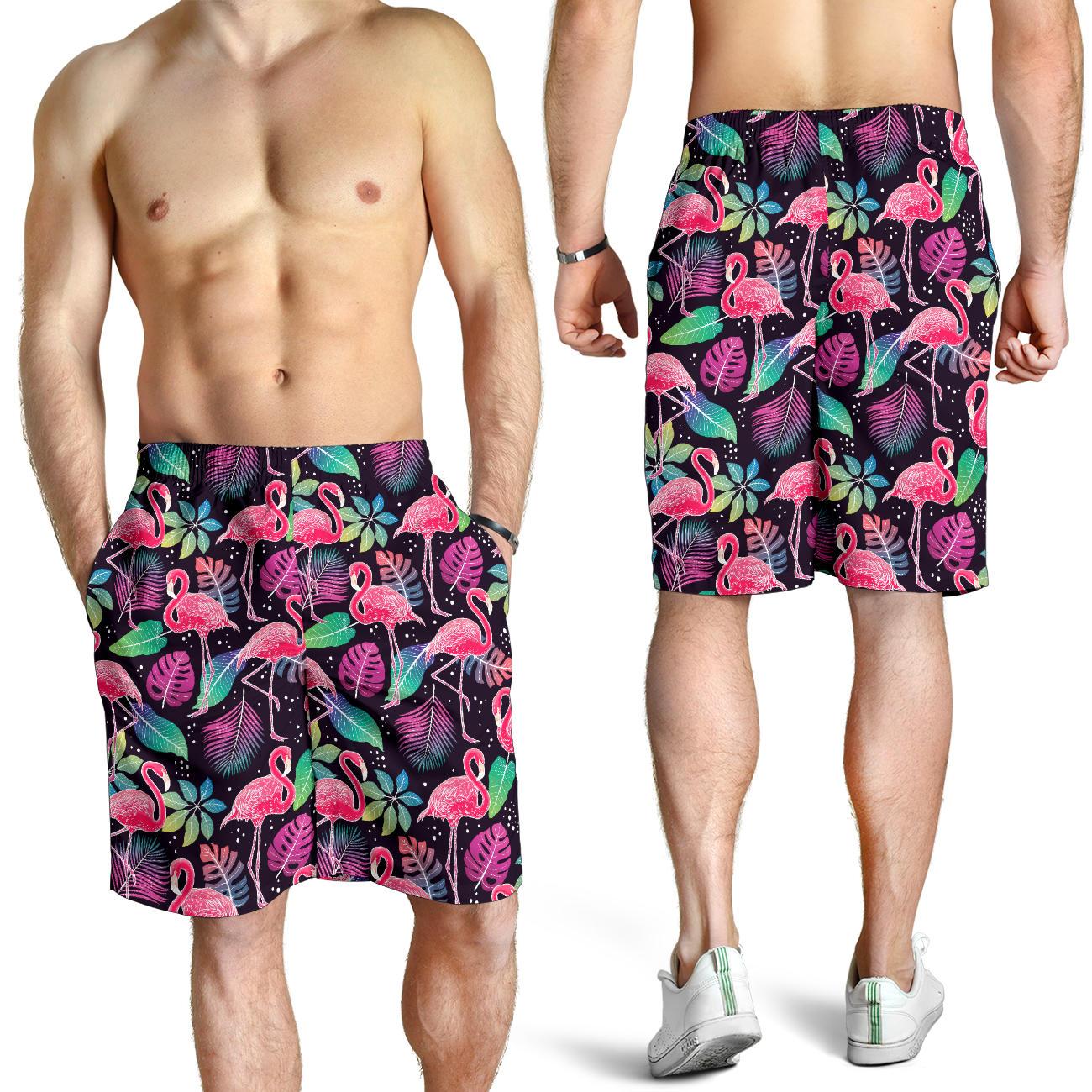 Flamingo Tropical leaves Neon Print Mens Shorts-JTAMIGO.COM