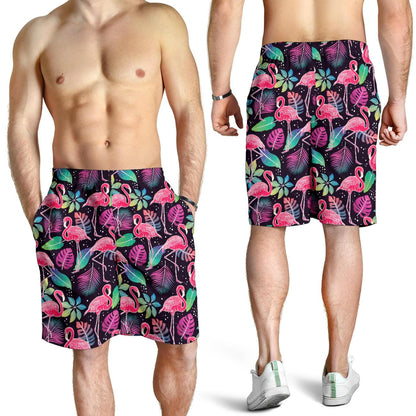 Flamingo Tropical leaves Neon Print Mens Shorts-JTAMIGO.COM