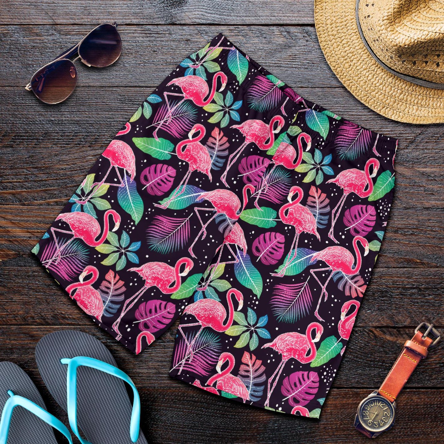 Flamingo Tropical leaves Neon Print Mens Shorts-JTAMIGO.COM