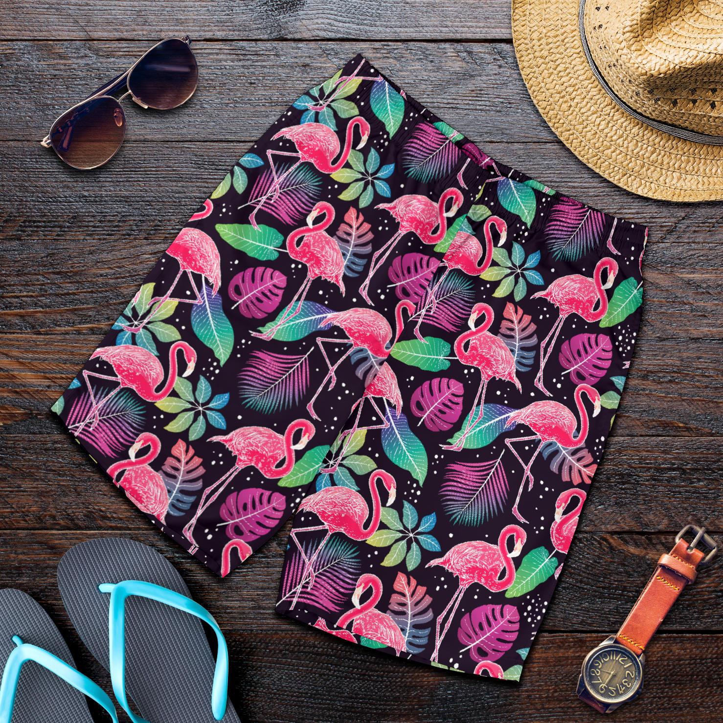 Flamingo Tropical leaves Neon Print Mens Shorts-JTAMIGO.COM