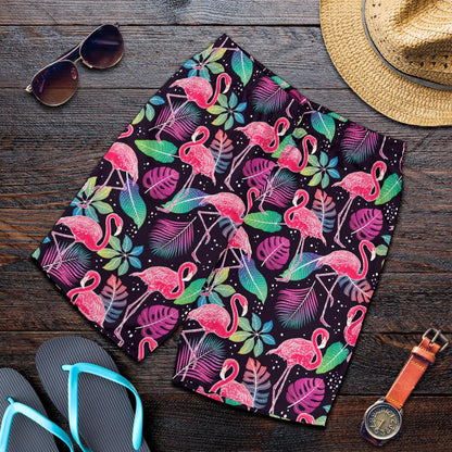 Flamingo Tropical leaves Neon Print Mens Shorts-JTAMIGO.COM