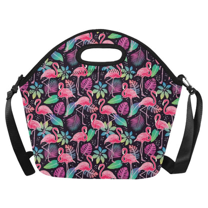 Flamingo Tropical leaves Neon Print Neoprene Lunch Bag (Model 1669)(Large)-JTAMIGO.COM