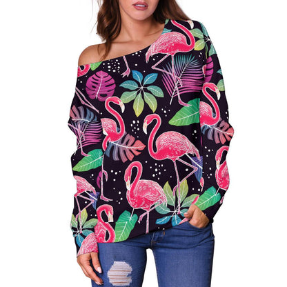 Flamingo Tropical Leaves Neon Print Off Shoulder Sweatshirt